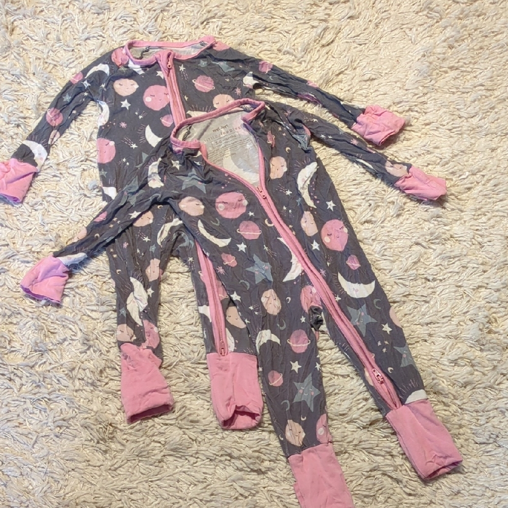 BUNDLE of 2 Little Sleepies Gray & Pink Space-Print Footed One-Piece